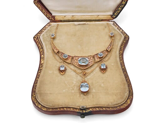 An Antique 19th Century Etruscan Revival Aquamarine Necklace